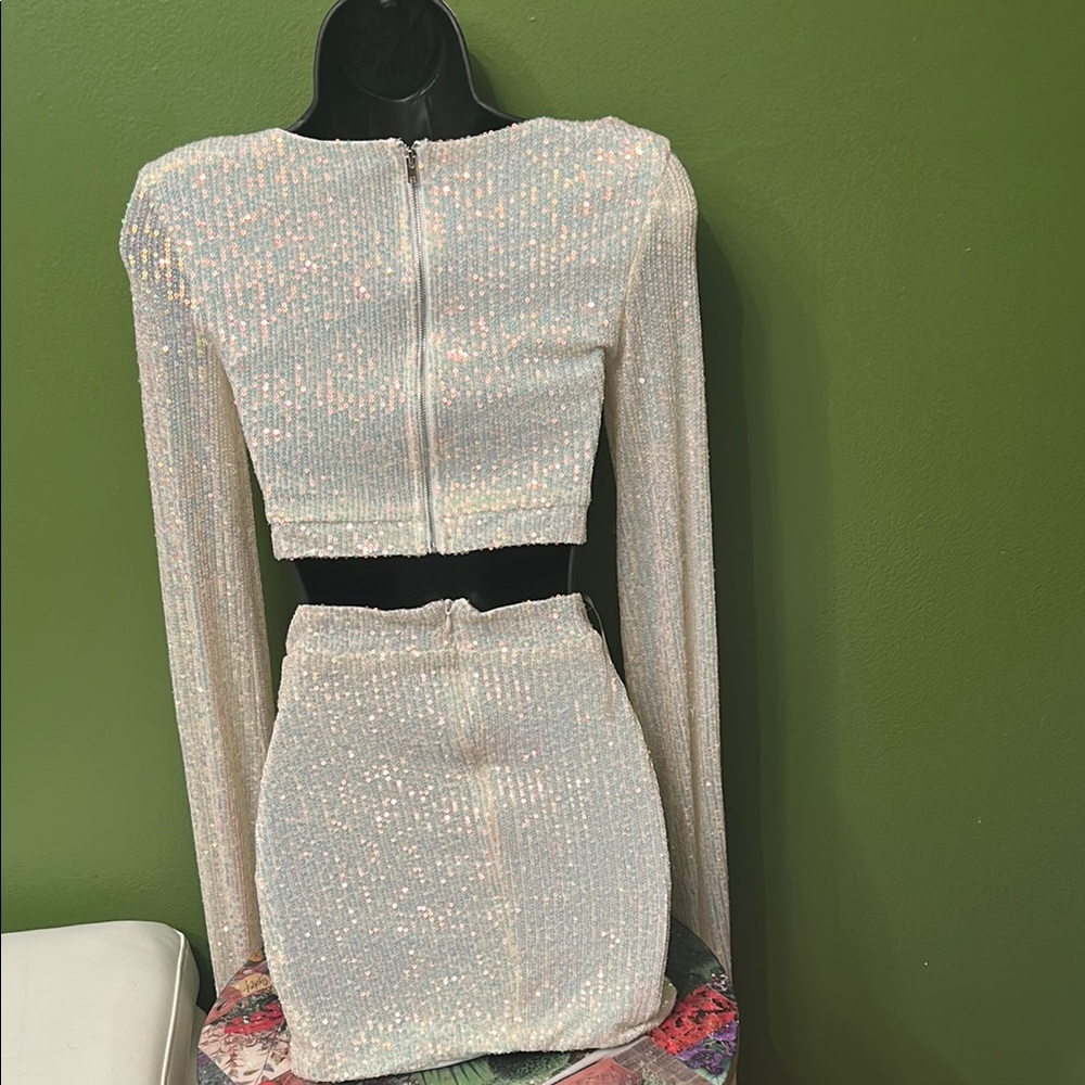 Fashion Nova Cream Embellished Wrap Mini Skirt & top with long sleeve with slits - Picture 8 of 10